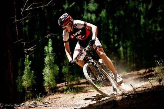 Cameron Prosser (Target Trek Racing Juniors) tips his bike into another of Kinross State Forest’s flowing corners.