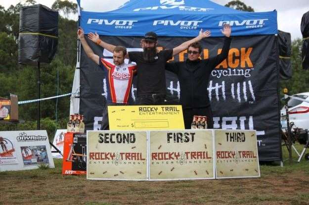 Photos by Cell Bikes / Jo Fox Podium 24H Solo Elites (l-r): Jonathan Battle, Brett Bellchambers, Ben Jacka