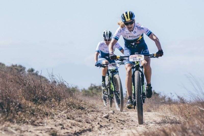 Team Ascendis Health's Robyn de Groot and Jennie Stenerhag ascends Dorstberg on their way to victory during the Prologue of the 2016 Absa Cape Epic Mountain Bike stage race held at Meerendal Wine Estate in Durbanville, South Africa on the 13th March 2016 Photo by Ewald Sadie/Cape Epic/SPORTZPICS PLEASE ENSURE THE APPROPRIATE CREDIT IS GIVEN TO THE PHOTOGRAPHER AND SPORTZPICS ALONG WITH THE ABSA CAPE EPIC ace2016