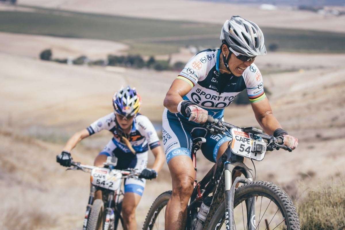 Team Sport for Good's Sabine Spitz and Yana Belomoina on their way to stage victory during the final stage (stage 7) of the 2016 Absa Cape Epic Mountain Bike stage race from Boschendal in Stellenbosch to Meerendal Wine Estate in Durbanville, South Africa on the 20th March 2016 Photo by Ewald Sadie/Cape Epic/SPORTZPICS PLEASE ENSURE THE APPROPRIATE CREDIT 6