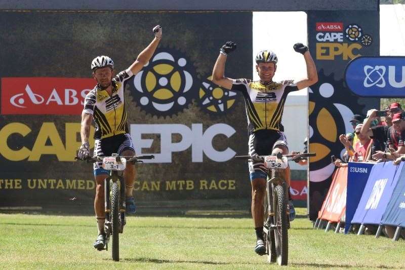 Karl Platt and Urs Huber of the Bulls celebrate winning stage 3 during stage 3 of the 2016 Absa Cape Epic Mountain Bike stage race held from Saronsberg Wine Estate in Tulbagh to the Cape Peninsula University of Technology in Wellington, South Africa on the 16th March 2016 Photo by Shaun Roy/Cape Epic/SPORTZPICS PLEASE ENSURE THE APPROPRIATE CREDIT IS GIVEN TO THE PHOTOGRAPHER AND SPORTZPICS ALONG WITH THE ABSA CAPE EPIC {ace2016}