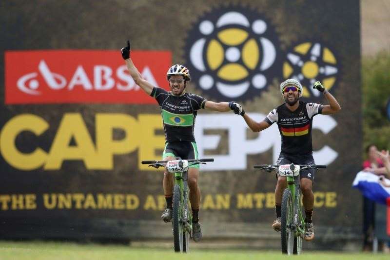 Henrique Avancini and Manuel Fumic of Cannondale Factory Racing celebrate winning the final stage during the final stage (stage 7) of the 2016 Absa Cape Epic Mountain Bike stage race from Boschendal in Stellenbosch to Meerendal Wine Estate in Durbanville, South Africa on the 20th March 2016 Photo by Shaun Roy/Cape Epic/SPORTZPICS 