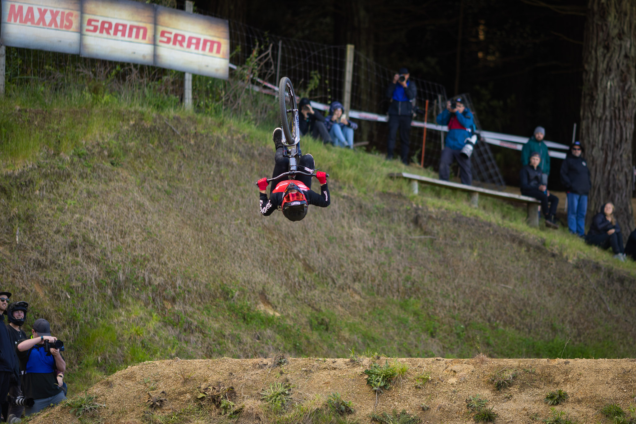 Caroline Buchanan throwing it upside down at Crankworx. 