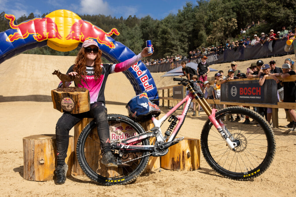 Gracey Hemstreet celebrates victory at Red Bull Hardline  in Maydena Bike Park,  Australia