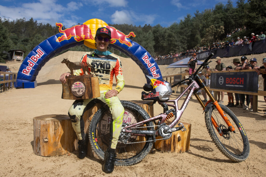 Jackson Goldstone celebrates victory at Red Bull Hardline  in Maydena Bike Park,  Australia